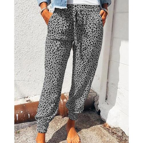 2025 Summer European and American Women's Loose-Fit Cropped Pants with Leopard Print, Drawstring Design, and Casual Style—Perfect for a Slimming Look