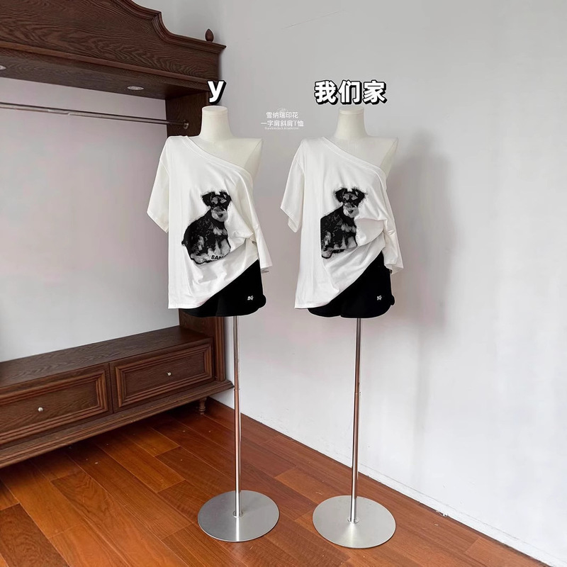 Korean Cartoon Puppy Print Sexy Off-Shoulder Short-Sleeved T-Shirt for Women Summer Loose and Lazy Thin Slanted Shoulder Top