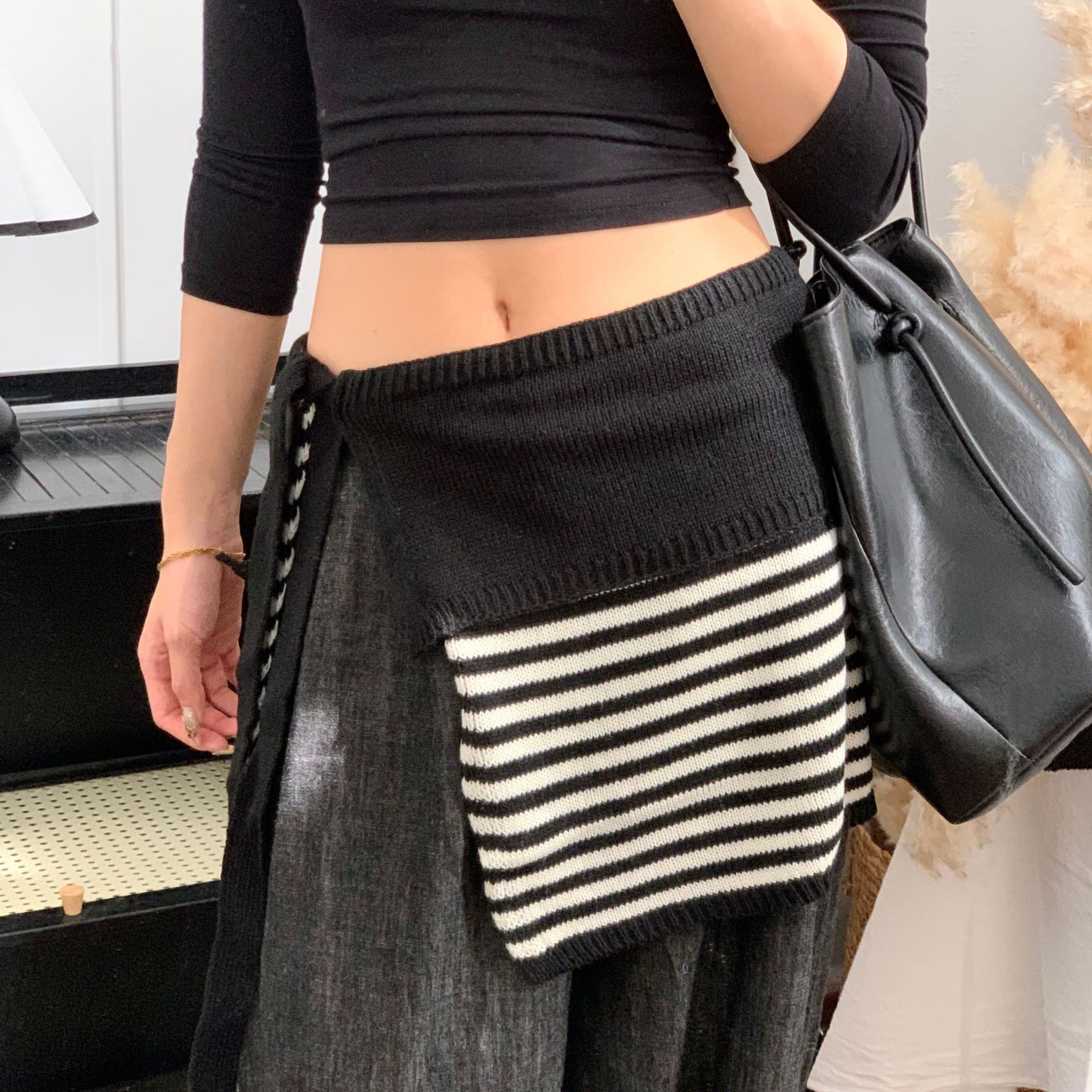 设计师款屁帘双层条纹针织屁裙拼接半身裙叠穿秋冬搭配高腰绑带百