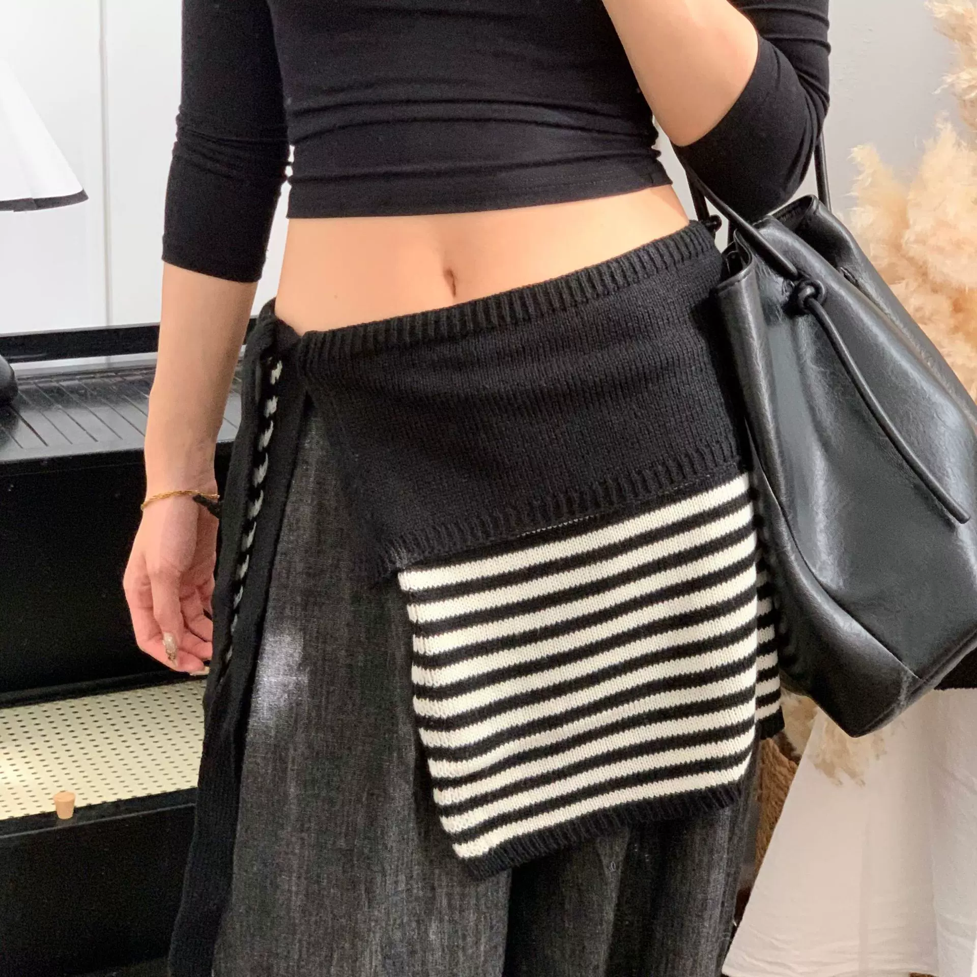 设计师款屁帘双层条纹针织屁裙拼接半身裙叠穿秋冬搭配高腰绑带百
