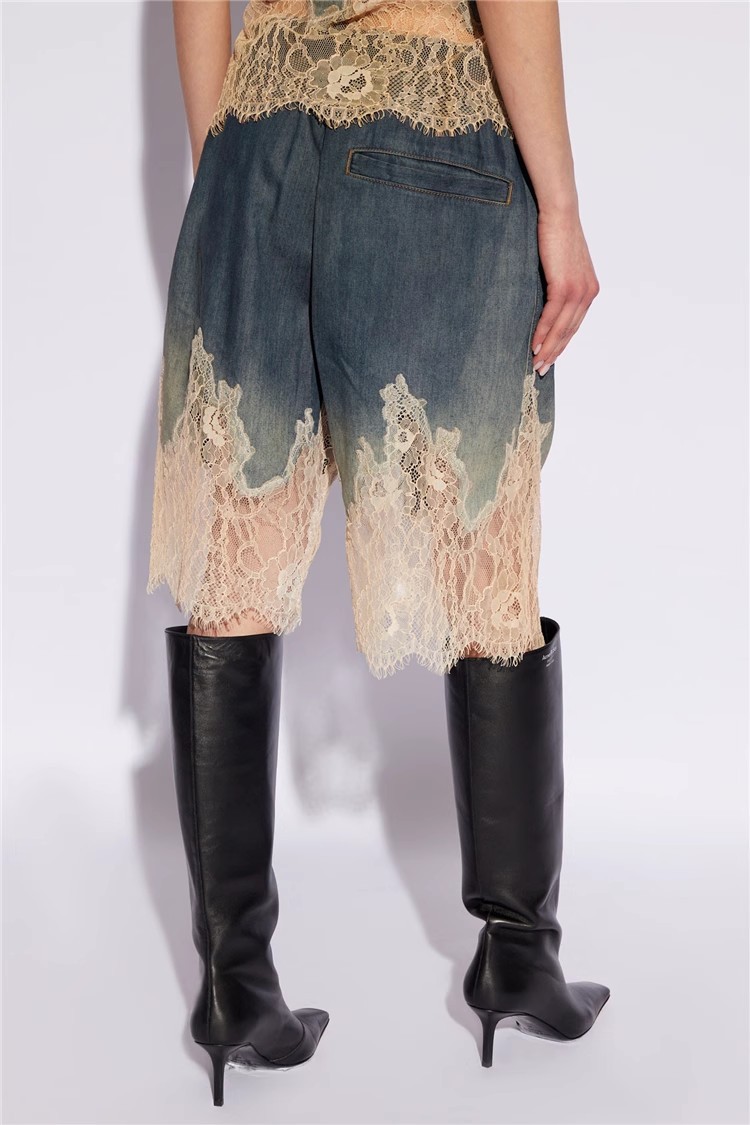 Personality Denim Two Piece Set Summer Drag Sister Sexy Lace Stitching Soft Surface Denim Suspender Shorts Sets