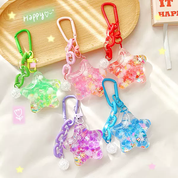 Acrylic Star Oil-Infused Liquid Sand Bottle Keychain for Girls, Cartoon Pendant for Children and Students, Cute Floating Decoration for Backpacks