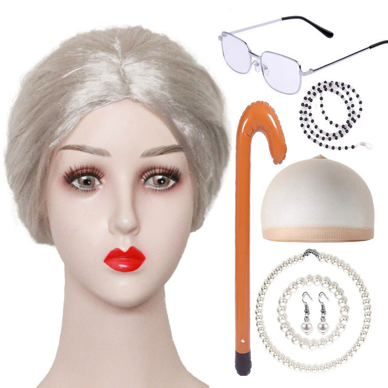 Peluca de la abuela de Halloween COS anciana cabello rizado corto de mediana edad y anciano abuelo bosquejo rendimiento peluca traje