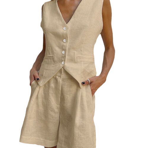 European and American design-sensory cotton and linen suit vest set women's summer casual sleeveless vest shorts two-piece set