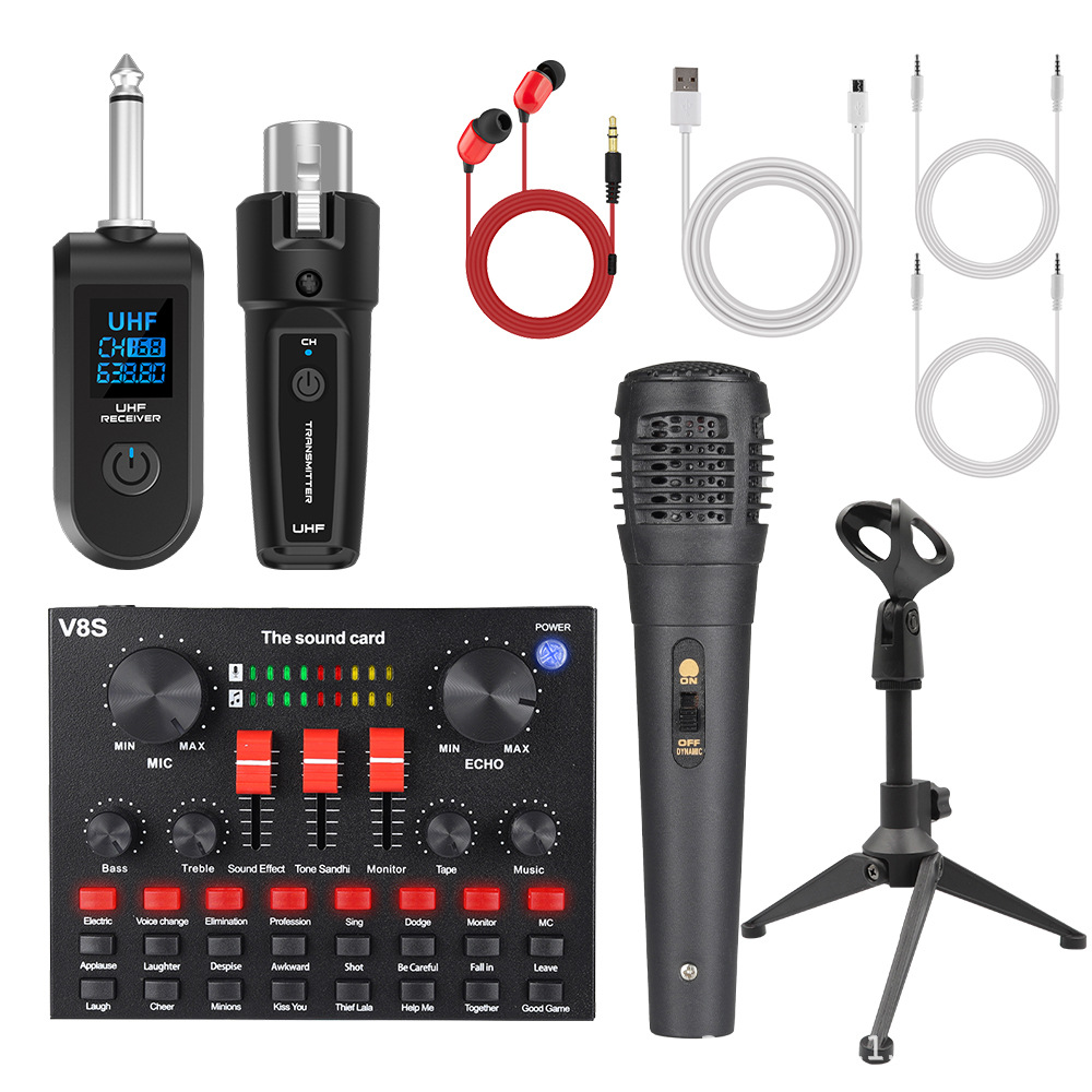 Cross-Border New Dynamic Wired Conversion Wireless Microphone Microphone Receiver V8S Sound Card Live Performance Set