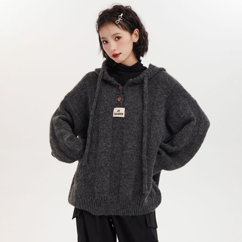 韩版宽松慵懒风连帽毛衣女秋冬2025新款软糯加厚抽绳针织卫衣上衣|undefined