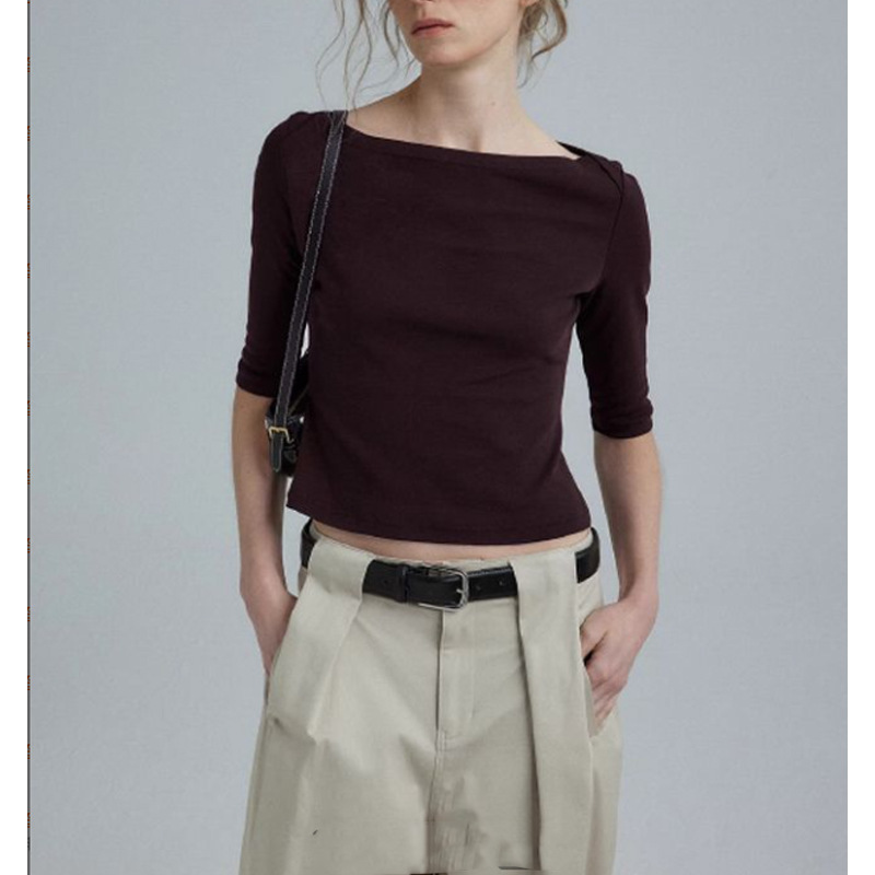 Elegant retro boat collar seven-point sleeve T-shirt 2025 summer new minimalist commuter top