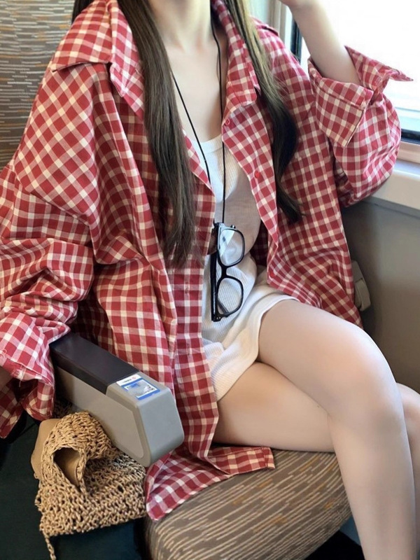 复古红色休闲格子衬衫外套春秋新款长袖宽松慵懒风小个子衬衣上衣|undefined