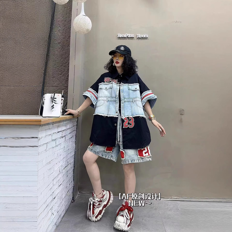 European-Style Women's Shirt 2026 Spring/Summer New Style, Unique Candy Color Patchwork Washed Denim with 23 Letter Print Top
