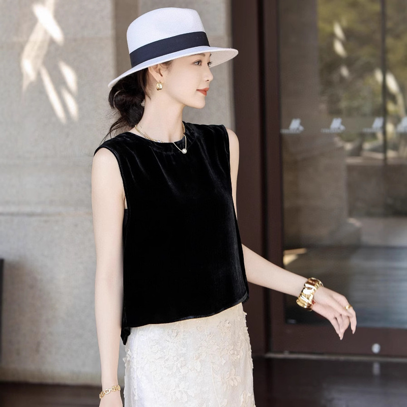 Silk Velvet Sleeveless Vest Women's Summer Thin Simple Elegant Exquisite Small Shirt Strap Round Neck Mulberry Silk Top