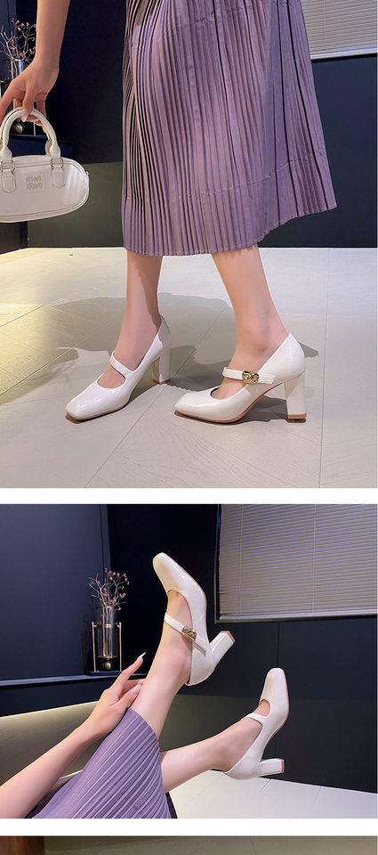 Giày cao gót nữ mũi vuông quai ngang khóa cài gót dày 6–8 cm — Màu trắng nhạt, rượu vang đỏ, đen chi tiết 7