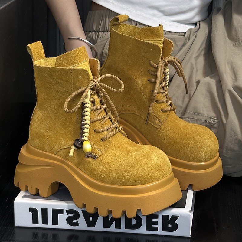 欧货磨砂真皮大头松糕厚底马丁靴女2025新款小个子增高机车短靴子