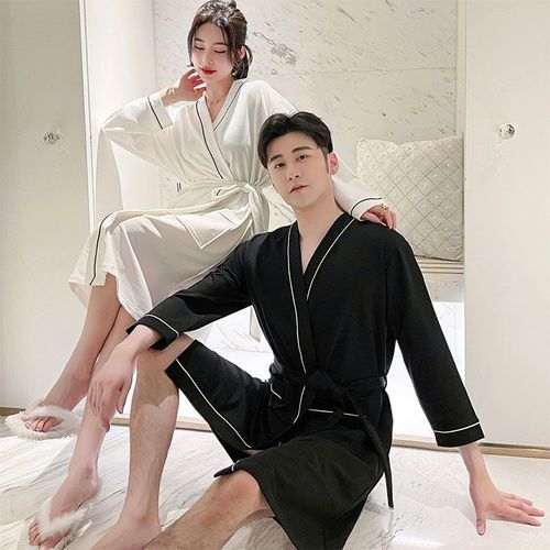 Spring and Autumn Couple's Long Sleeve Pure Cotton Simple Solid Color Teenage Comfortable Loose Men's Medium Length Pajamas