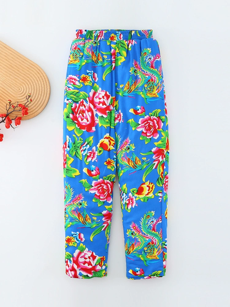 Фиолетовая Ни Ни Floral Демисезонные тёплые брюки, свободный прямой крой, высокий пояс, шёлк-хлопок, цветной принт