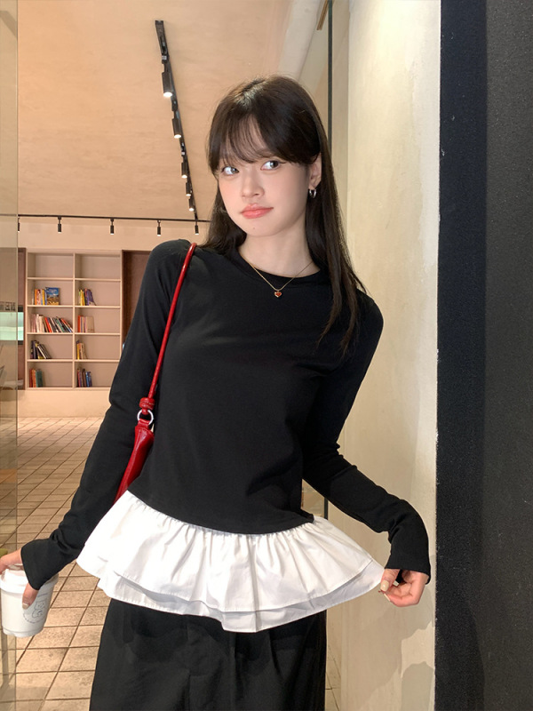 宋正恩芭蕾风花边黑色长袖t恤女秋季新款加绒修身内搭打底衫上衣|undefined