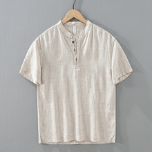 1287日式夏季亚麻套头男士休闲衬衫飘逸柔软天丝时尚立领宽松短袖