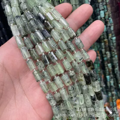 Zərgərlik ara hissələri: natural stone cut round tube - 18-prehnite-8x11mm-pillar-beads-approx-15-beads-per-strand-short-style