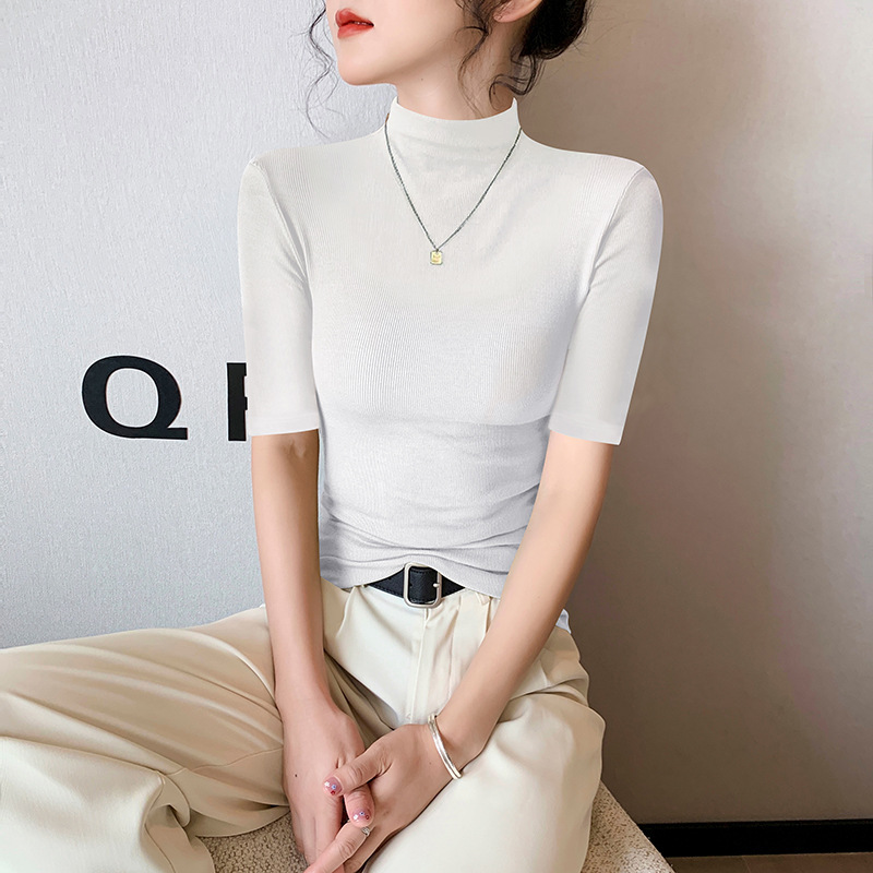 モーダル半袖 Tシャツレディースハーフタートルネックボトリングシャツ 2025 夏の新ファッション多用途黒スリムトップ|undefined