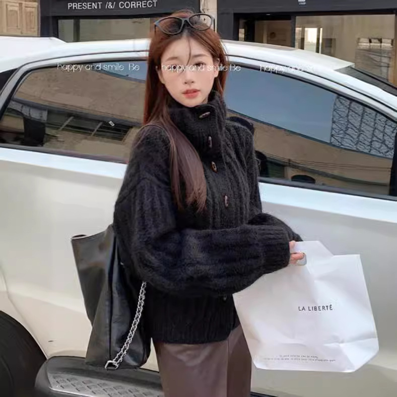 Japón y Corea del Sur relajados suéter de cuello alto de invierno femenino retro suelto camiseta de punto cálida pequeña moda de abrigo universal