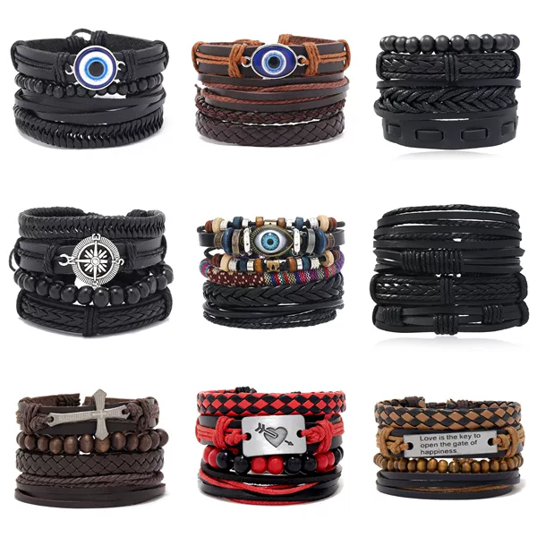 Cross-border Retro Punk Wings 8-word Friendship Multi-layer Woven Set Combination Leather Bracelet European and American Hot Selling Leather Bracelet