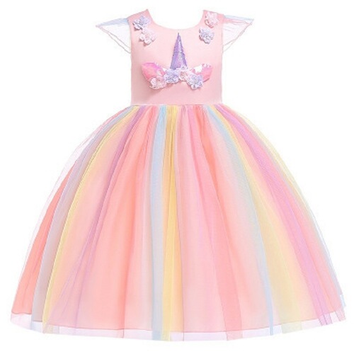 New Halloween Children's Clothing Christmas Girl Princess Dress Rainbow Netting Unicorn Dress Flower Girl Dress 