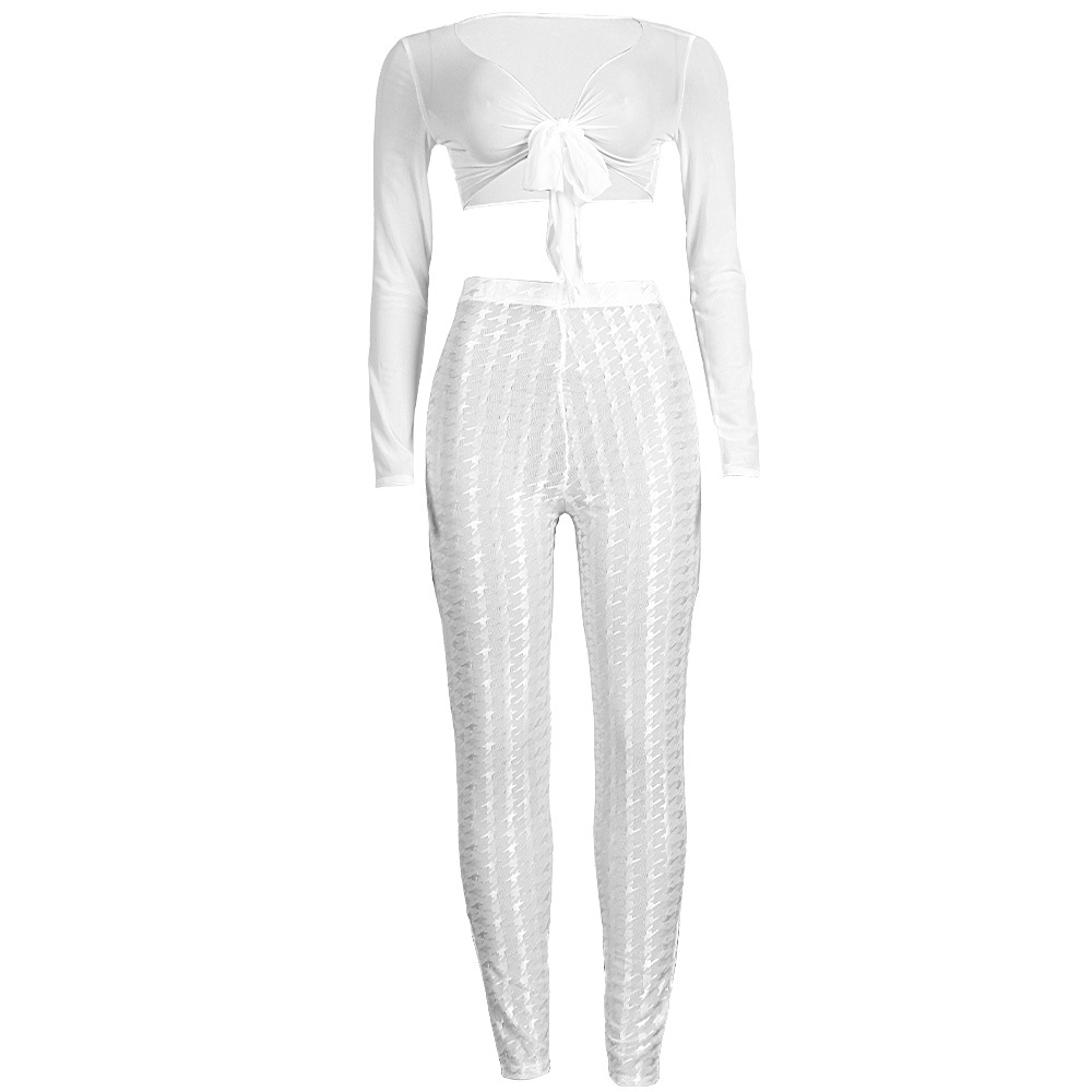 women s houndstooth mesh V-neck top and trousers two-piece suit nihaostyles clothing wholesale NSTYF77058