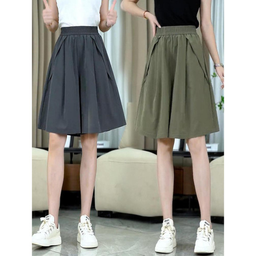 Relaxed 5.5-inch Full-Length Skirt Pants for Women - Summer Plus Size for Chubby Mm - Elastic High-Waist Slimming Sheer Ice Silk Quick-Dry Wide Leg Shorts