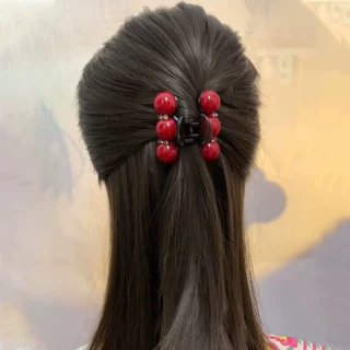 2026新款红色半扎发珠珠小抓夹头饰女高级感后脑勺头发鲨鱼发夹子