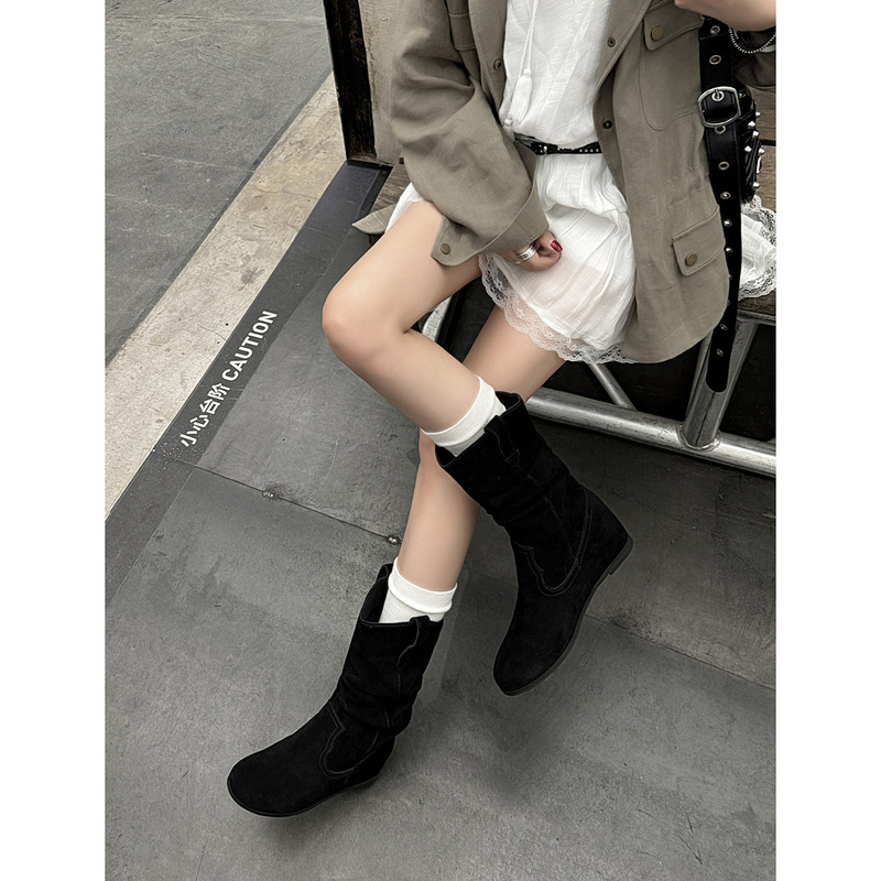 文艺范牛反绒面内增高堆堆西部靴2025中跟圆头真皮V口中筒靴子女|undefined