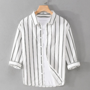 Summer Men's Seven-Sleeve Striped Shirt Loose Youth Casual Simple All-Match Comfortable Men's Top 9468
