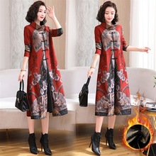 2022年春秋季民族风长袖中长款套头高领通勤抽象图案大码女连衣裙