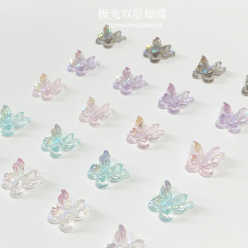 Internet Celebrity Aurora Butterfly Nail Art Accessories Mixed Ice Transparent Three-Dimensional Double-Layer Butterfly Nail Art Supplies Nail Decorations