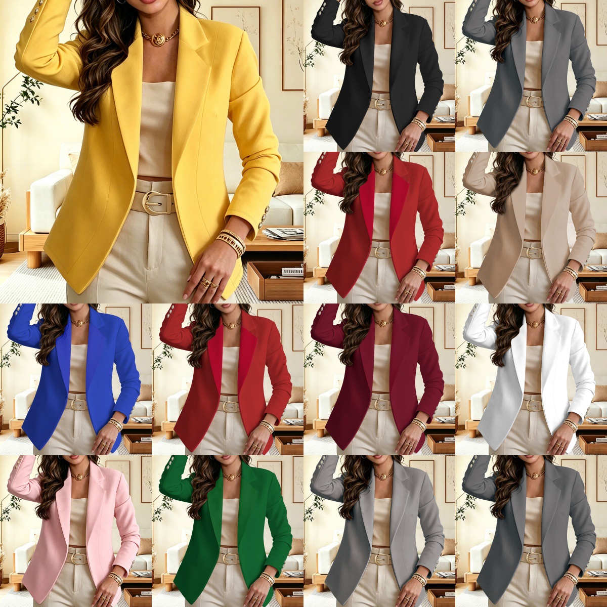 2025 Amazon Cross-Border European and American Women's Fashionable and Elegant Three-Cufflink Solid Color Lapel Long-Sleeved Suit