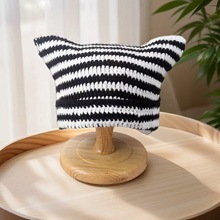 日系条纹毛线帽条纹恶魔角手工帽子潮流甜酷百搭猫耳朵个性套头帽