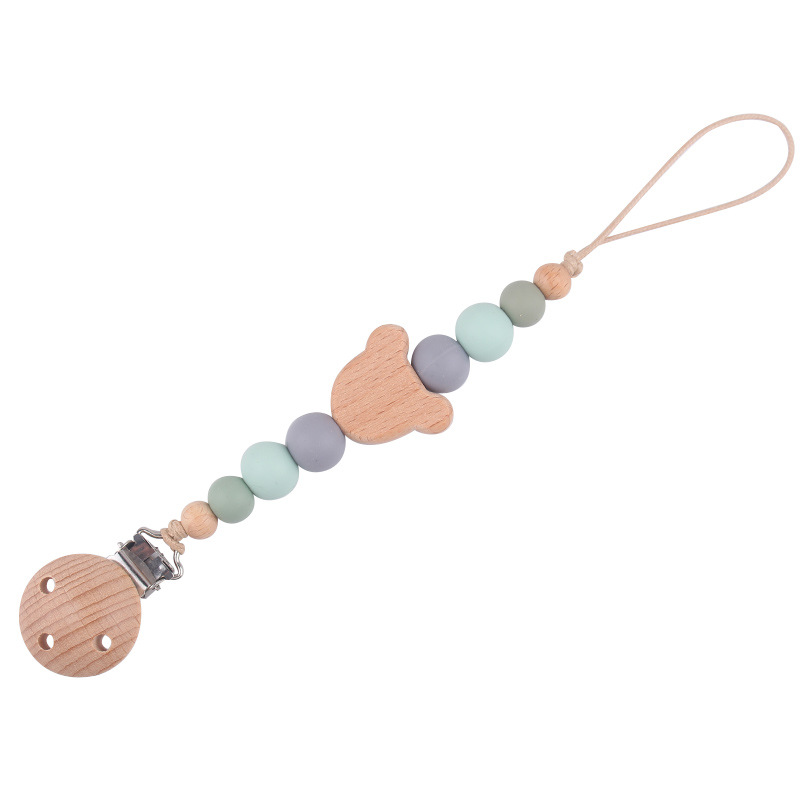 Productos para bebés Clip de chupete de madera de haya Dibujos animados de bebé creativo Oso de madera de haya Muerde los dientes Cadena de chupete anti-caída
