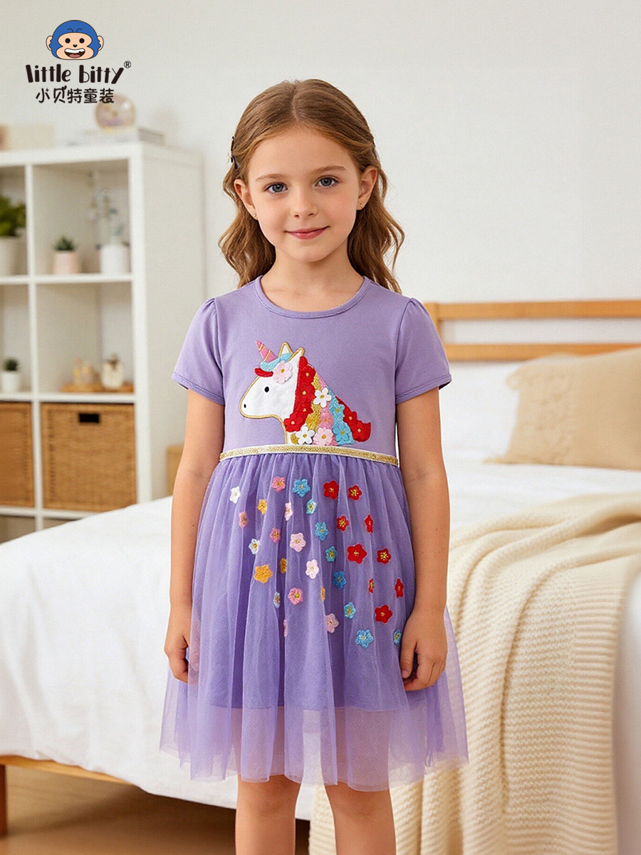 Cross-Border Supply 26 Years of Experience in Spring and Summer Children's Short-Sleeve Mesh Dresses with Sweet Unicorn Embroidery for Girls in Stock