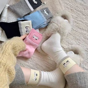 Cartoon Flocking Dachshund Dog Mid-tube Socks Children Autumn and Winter Contrast Color Puppy Embroidery Cute Niche Design Stacked Socks
