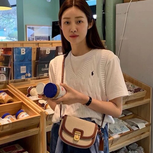 New Korean niche design leather stitching canvas contrasting retro versatile saddle bag small square bag single shoulder crossbody bag