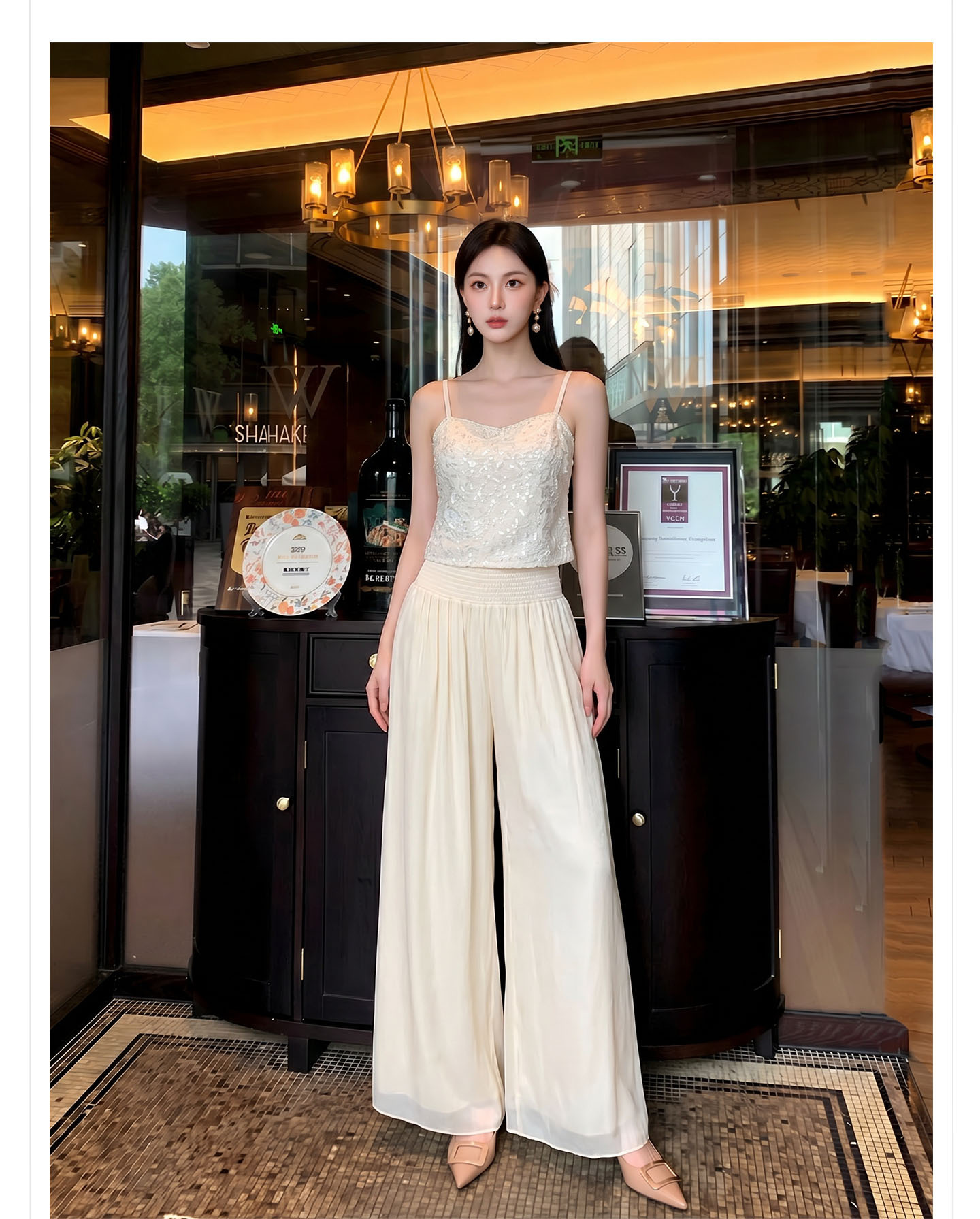 Bộ đầm maxi thắt eo phong cách quốc phong cao cấp — Gạo trắng Sling, bộ đồ, Quần dài màu hạnh chi tiết 8
