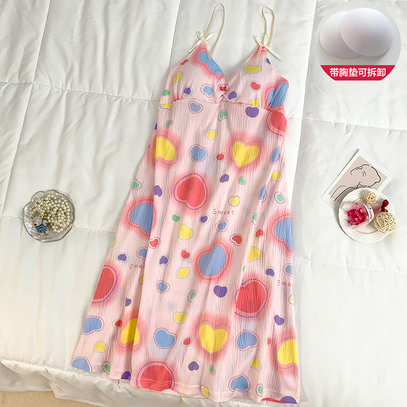 Verano nuevo estilo dulce amor camisón falda media femenina con almohadilla en el pecho lindo algodón imitación pliegue tirantes hogar camisón delgado