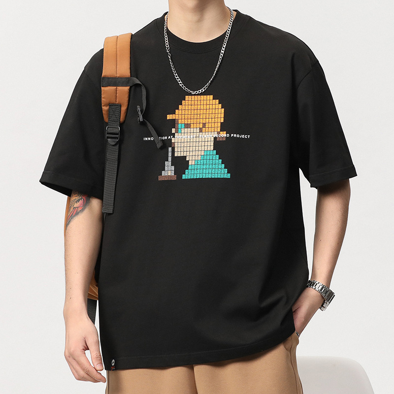 Heavy 250 printed short-sleeved T-shirt men's summer trendy ins loose plus size top cotton round neck half-sleeved T-shirt