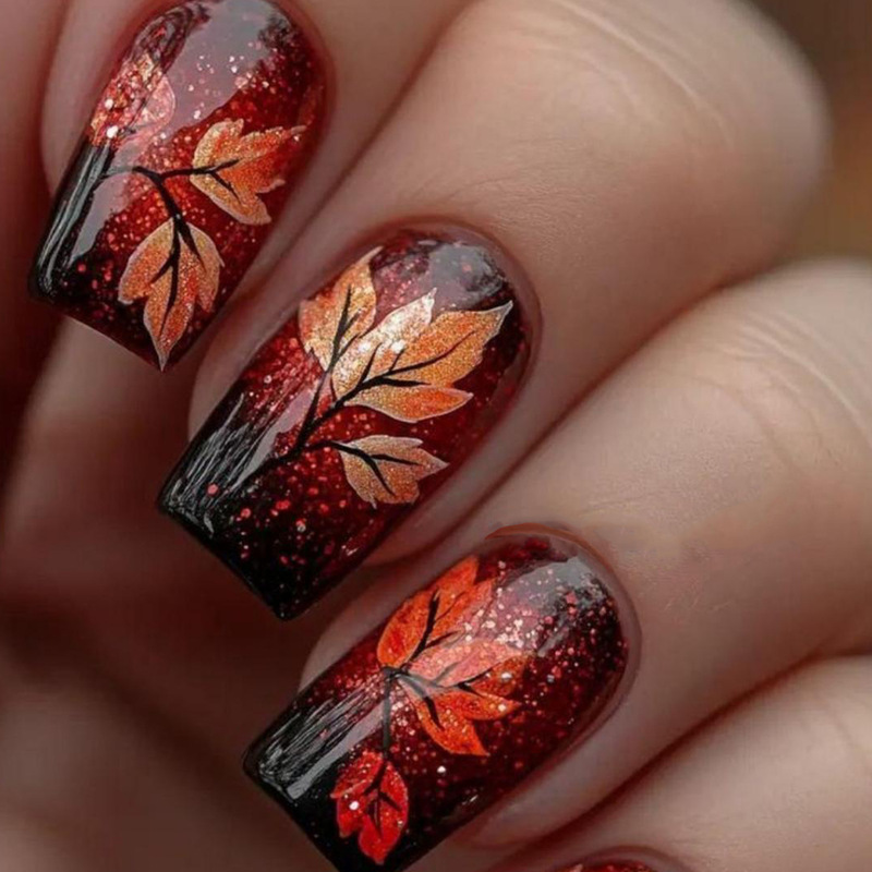24 Pieces of Export-Style Press-On Chinese-Style Nails, Reddish-Brown French Gradient Fake Nails, Tree Trunk Wearable Nails Nails