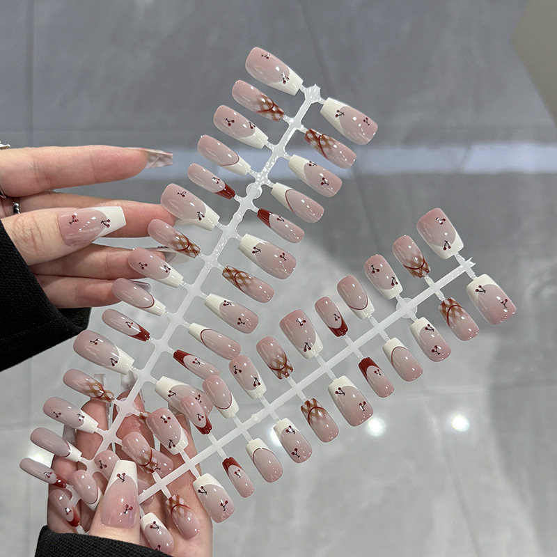 Pre-Made Cherry Plaid French Boutique Wearable Manicure New Chinese Ins Style Sweet and Fresh Fake Nails