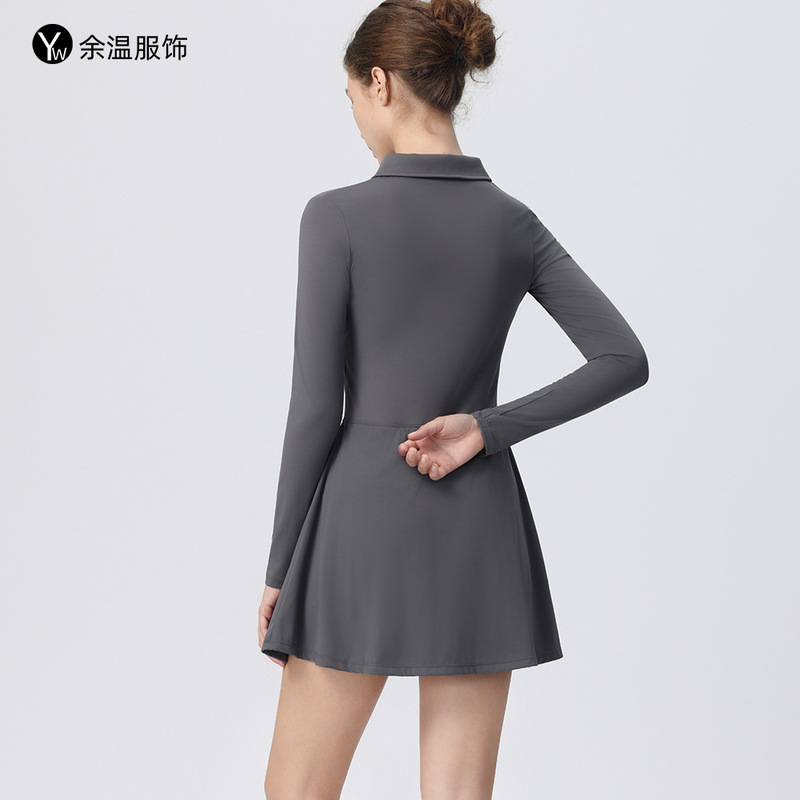 欧美高尔夫连体网球裙女长袖运动健身瑜伽服连衣裙速干内衬防走光|undefined