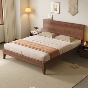 Walnut Light Luxury 1.8m Home Master Bedroom Modern Casual Solid Wood Bed 1.5m Double Bed 1.2m Single Bed Frame