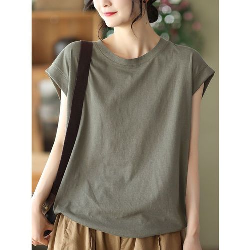 A versatile summer T-shirt top with a modesty-cut style, retro and literary, sleeveless backless dress, solid color, simple and elegant, for women.