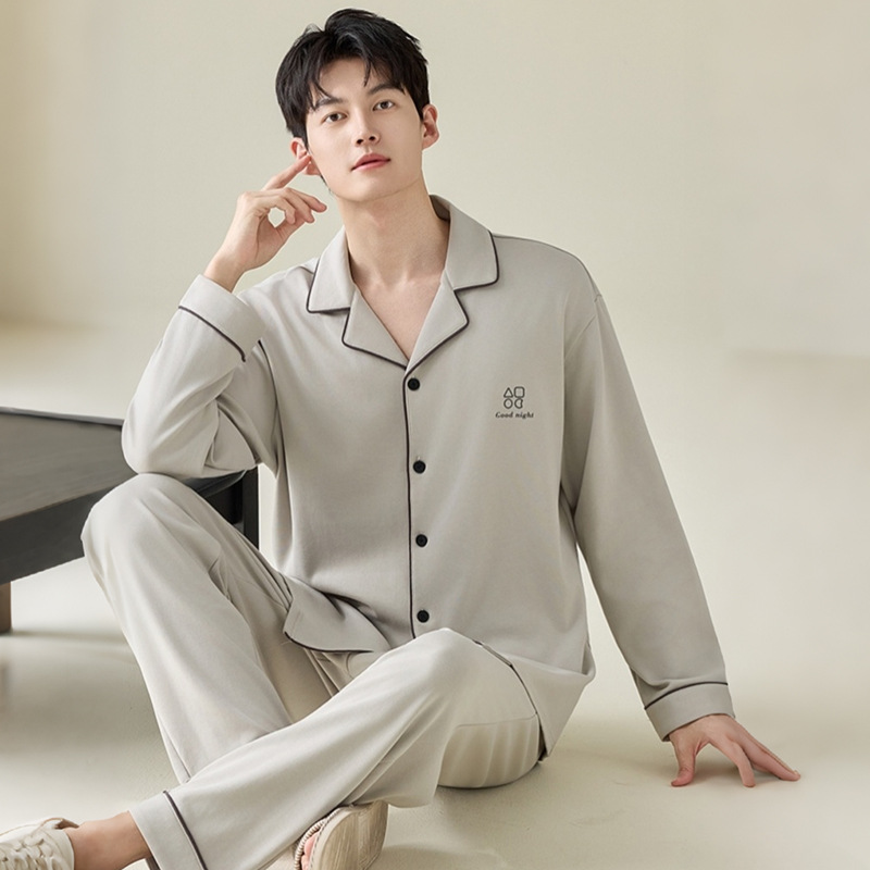 Men's Pajamas Cotton Long-Sleeved Cardigan Suit Spring and Autum Simple Light Apricot White Casual Plus Size Men's Home Wear