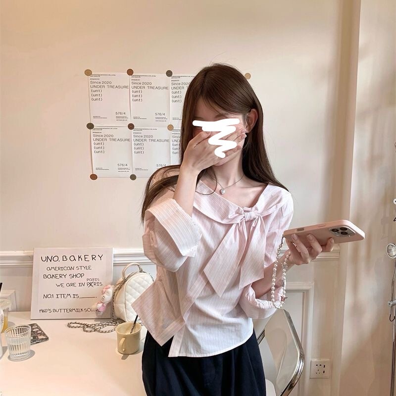 2025秋季新款不规则小众减龄上衣甜美蝴蝶结设计感长袖条纹衬衫女|undefined