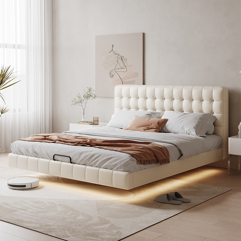 Modern Minimalist Thin Waffle-Pattern Bed, Vintage-Style Floating Bed for Small Spaces, 1.8 Double Genuine Leather Bed Modern Minimalist Thin Waffle-Pattern Bed, Vintage-Style Floating Bed for Small Spaces, 1.8 Double Genuine Leather Bed