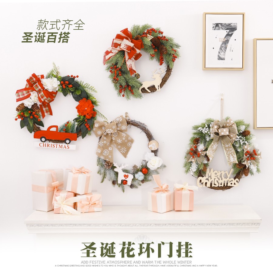 Navidad guirnalda puerta colgante anillo de ratán hotel centro comercial ventana escena diseño estilo europeo y americano decoraciones adornos